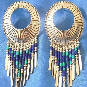 Q.T Turquoise Lapis sterling silver large earrings Navajo Native 29mm x 75mm